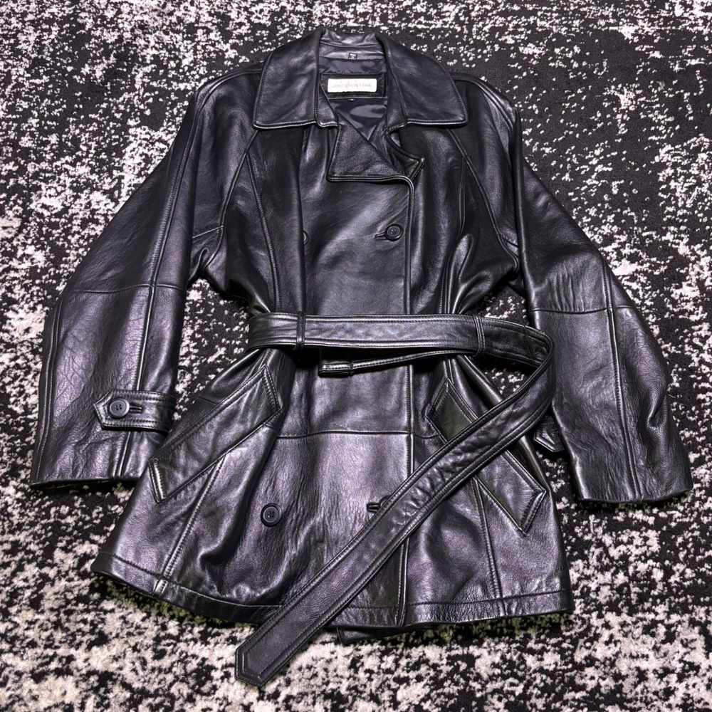 Jones New York Vintage Black Leather Trench Coat Belted Double Breasted Small